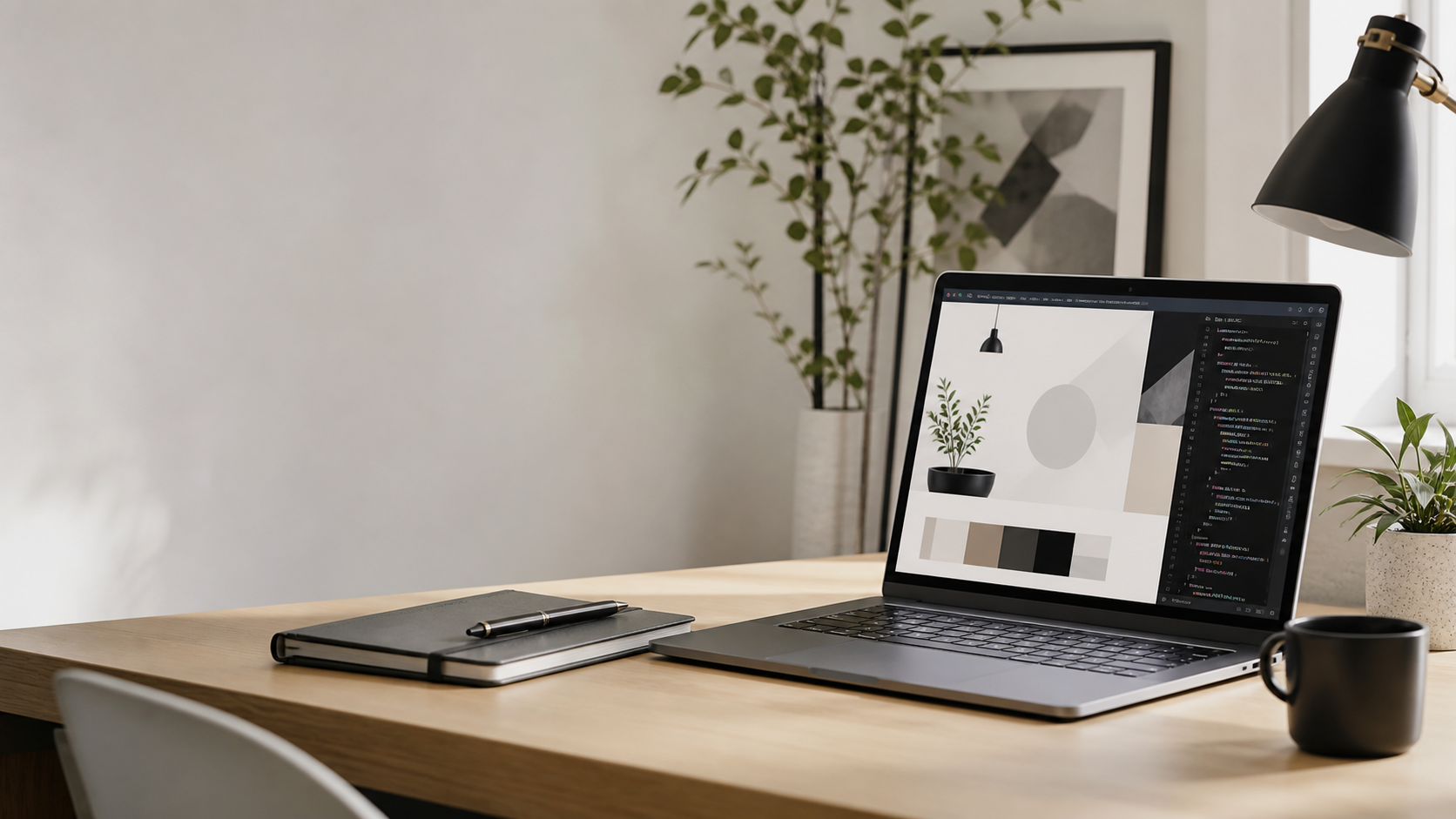 Moderner Arbeitsplatz mit Laptop, Interface-Entwuerfen und Notizbuch